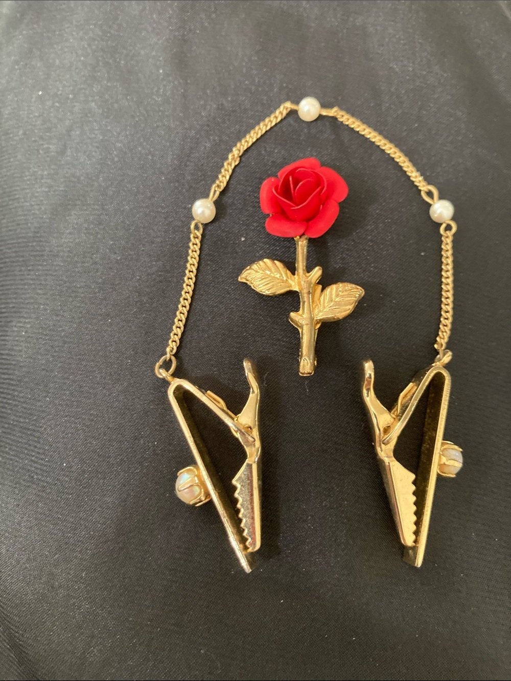 Vintage faux pearl sweater guard and red rose pin
